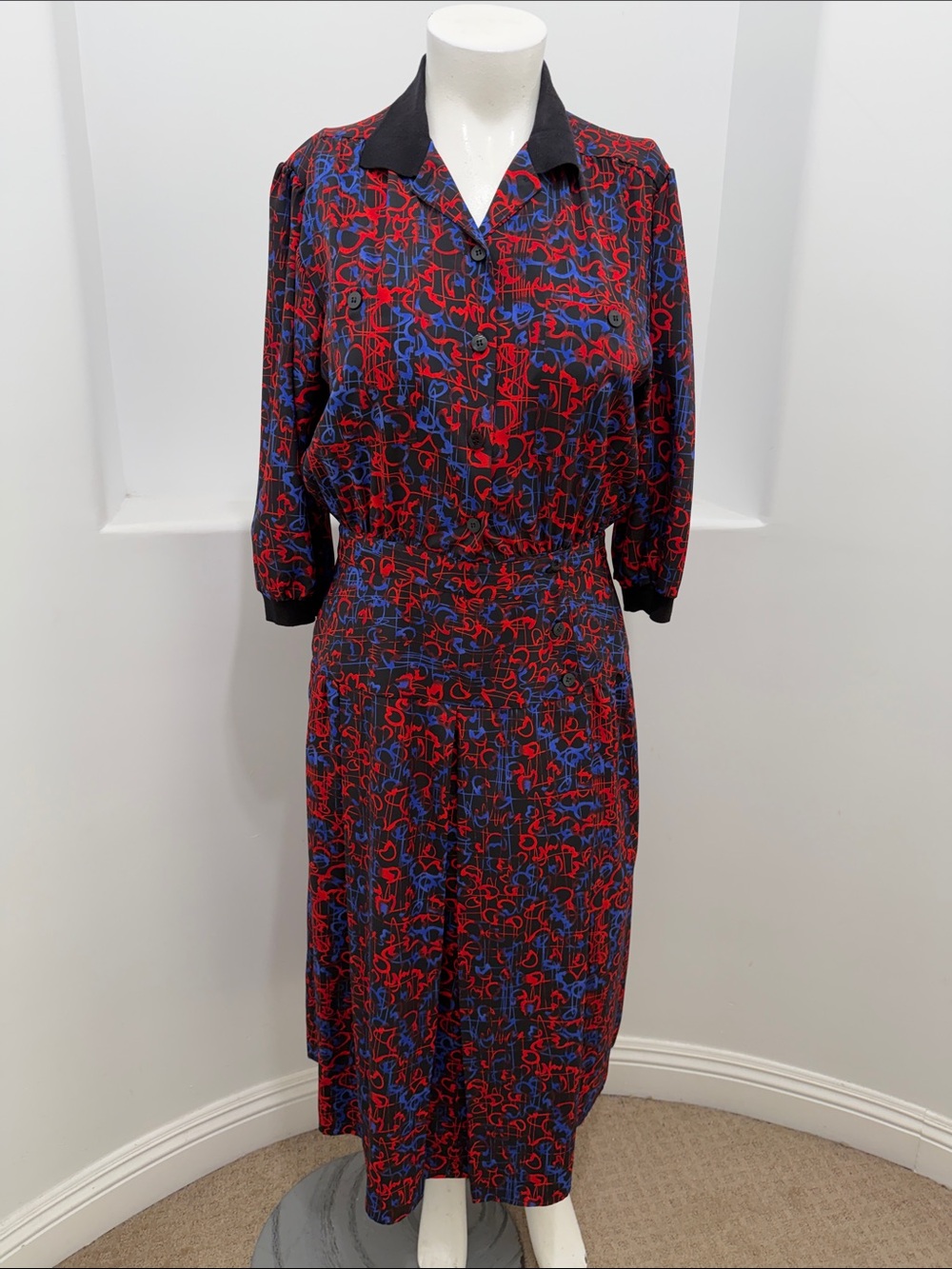 Vintage 80s S.H. & Company Dress Size 16 Abstract Print Shirtwaist Midi